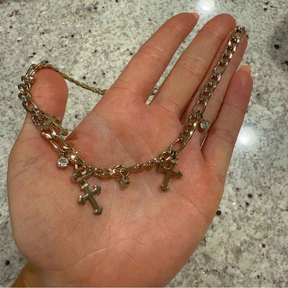 Gold Triple Cross with Rhinestone Chain Link Necklace - Picture 2 of 4